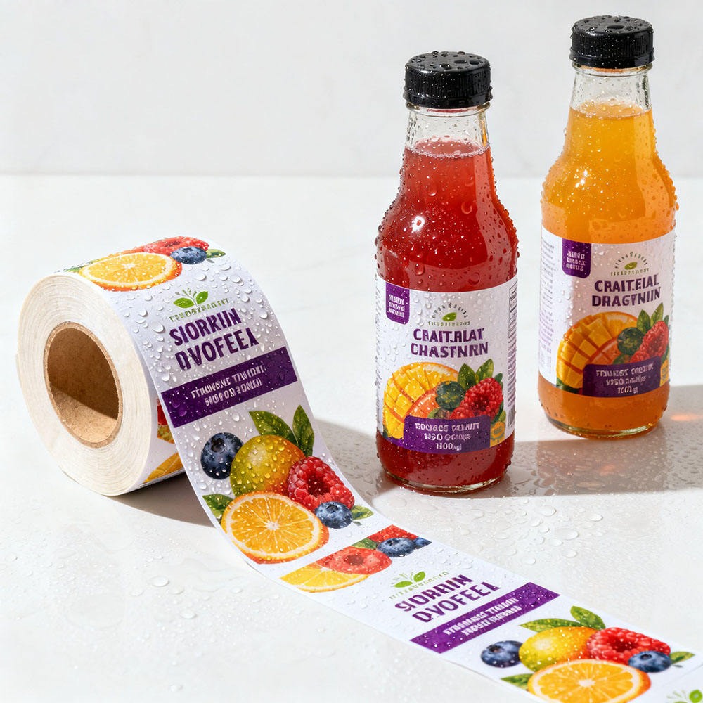 Waterproof fruit drink roll labels and labeled bottles