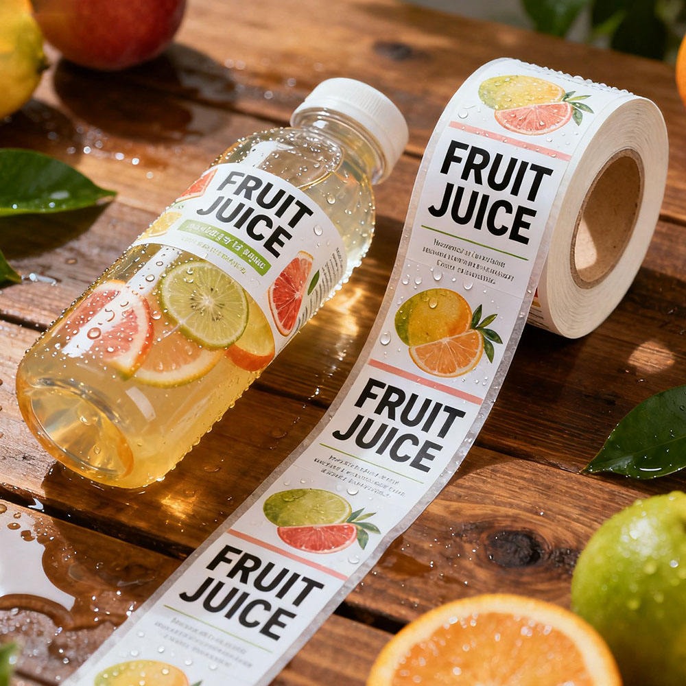 Waterproof fruit juice bottle label roll and bottle sample
