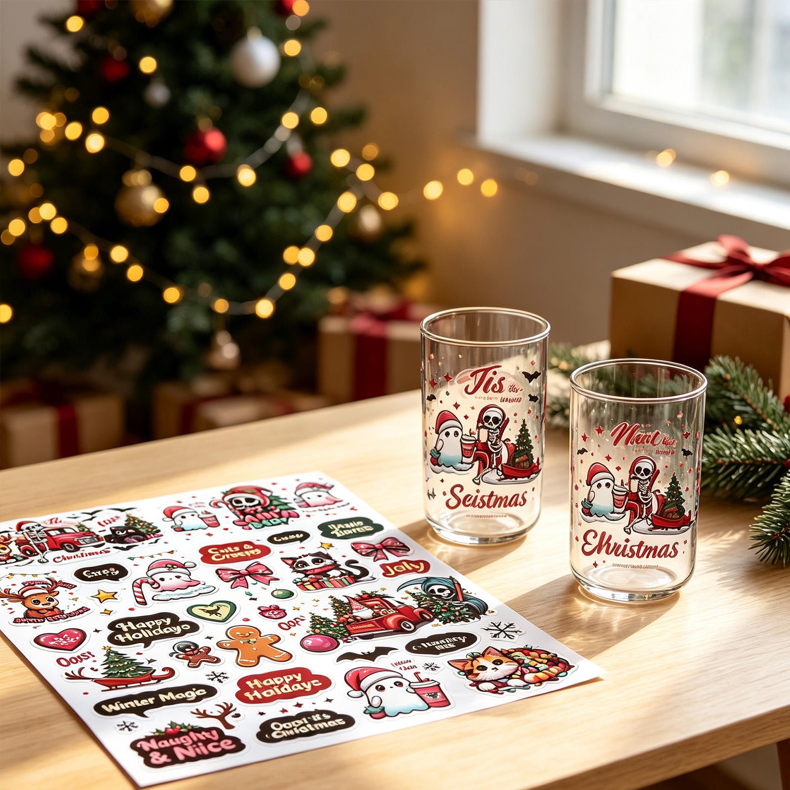 Seasonal cup transfer sticker sheet and glass cups