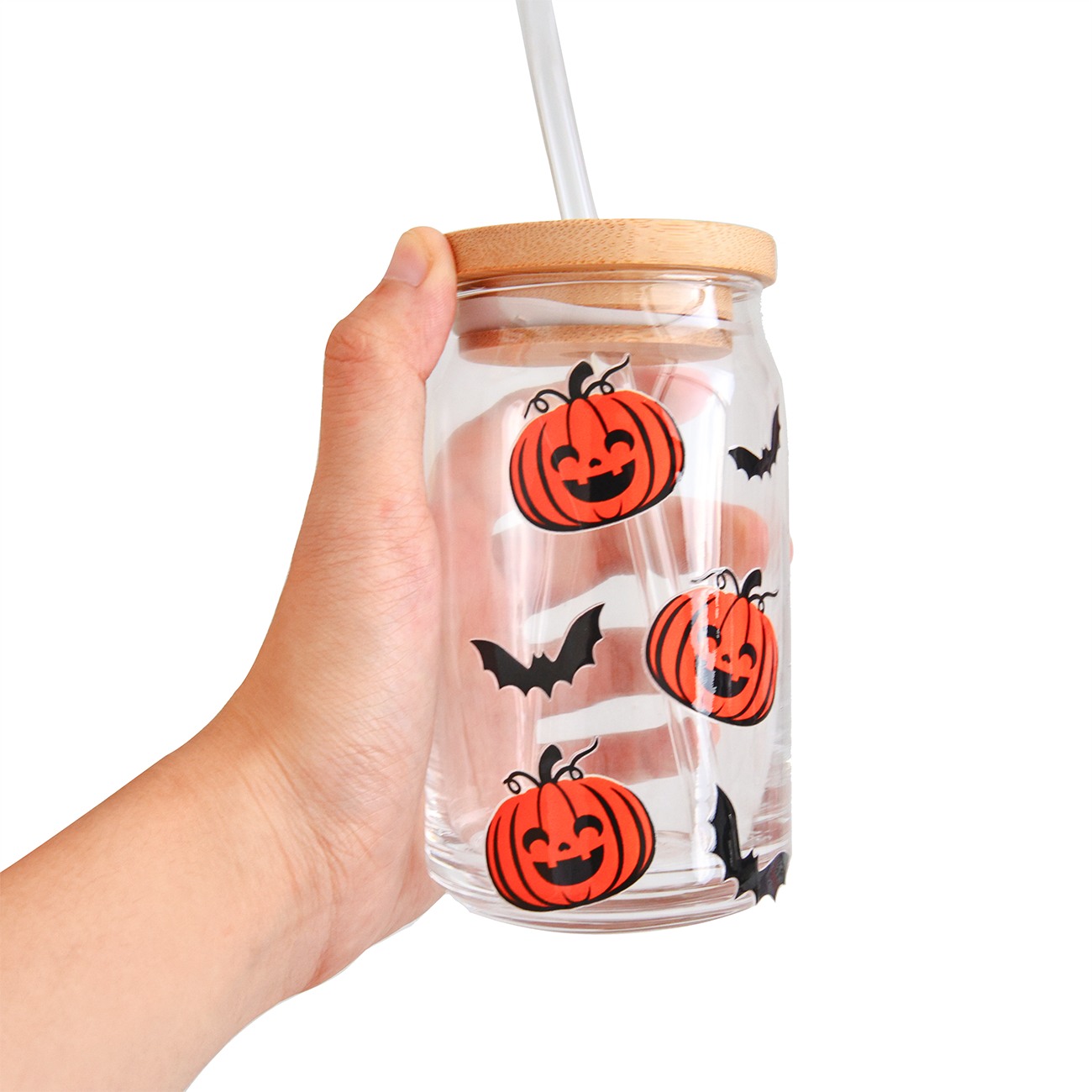 Pumpkin cup transfer decals on glass tumbler