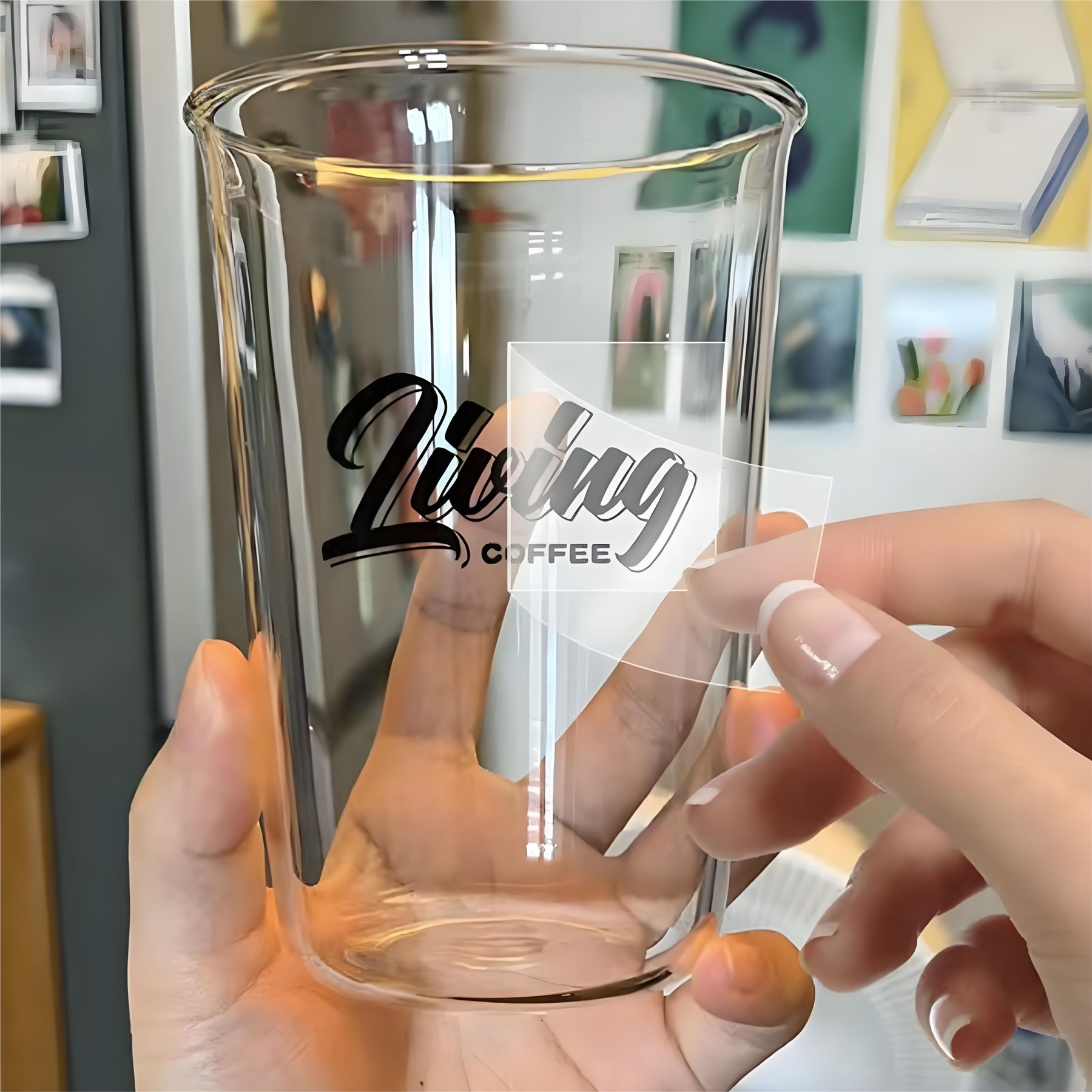 Transparent coffee cup transfer label application