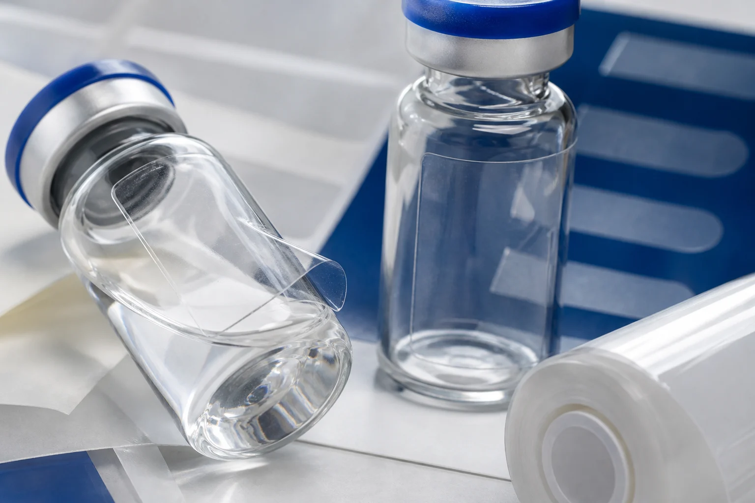 Clear vial label material for small bottle packaging