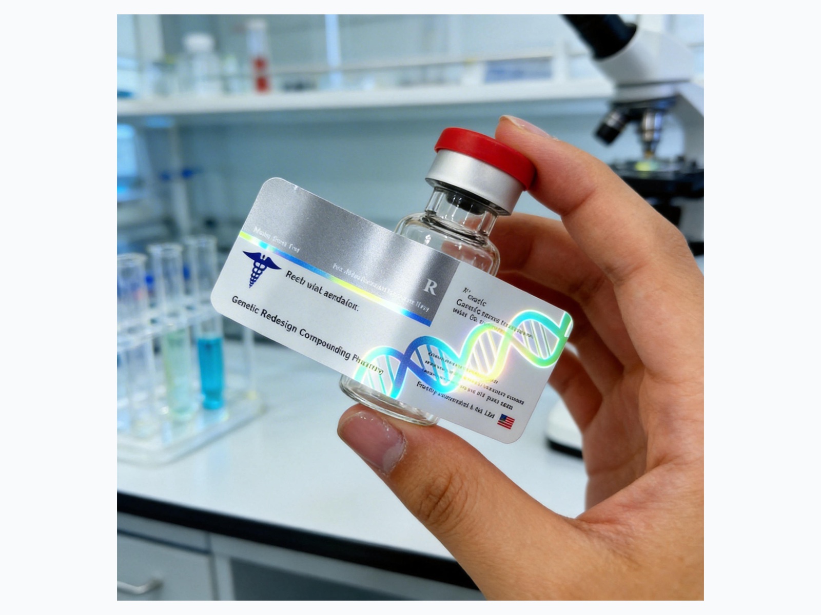Holographic research vial label held in a lab setting