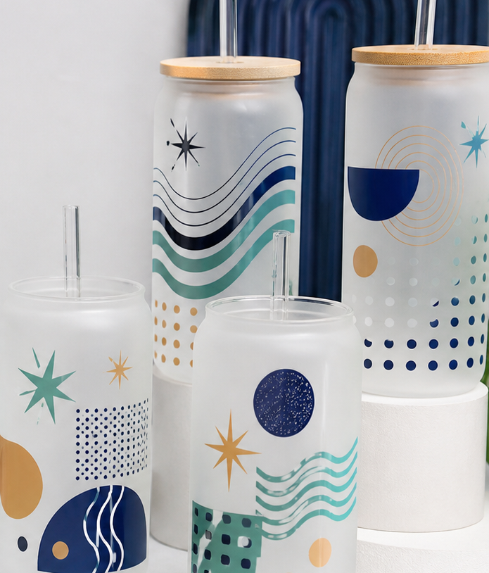 Abstract UV DTF decals applied on frosted glass cups