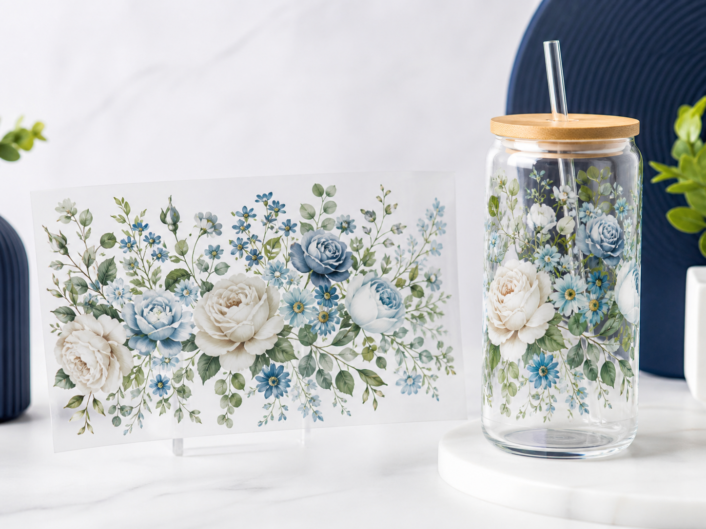 Floral UV DTF tumbler transfer sticker sheet and glass cup mockup