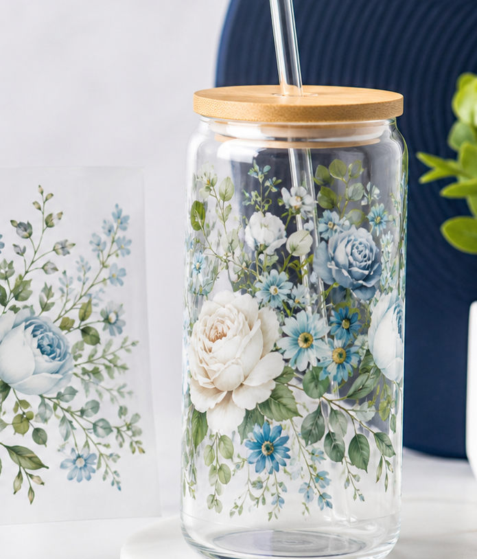 Applied floral UV DTF transfer on glass tumbler