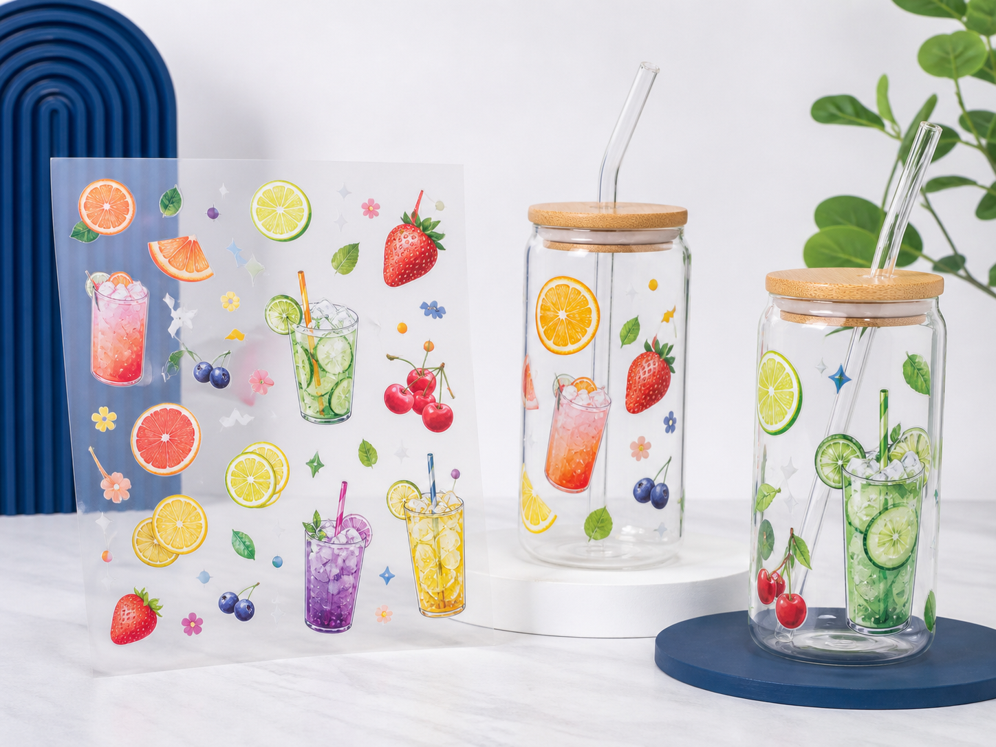 Fruit drink UV DTF tumbler transfer sticker sheet and cups