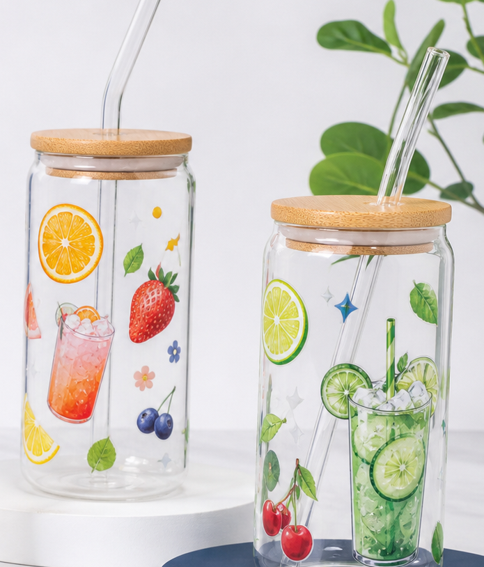 Applied fruit drink UV DTF decals on glass tumblers