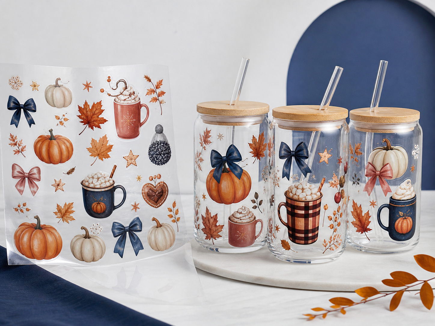 Seasonal UV DTF tumbler transfer stickers with cup mockups