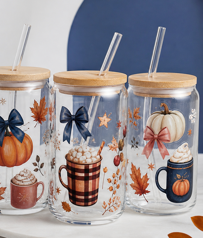 Seasonal cup transfer decals applied on tumblers